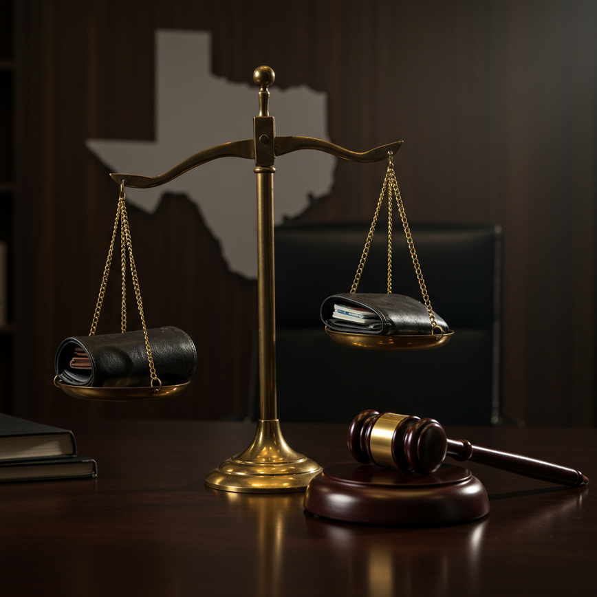 A perfectly balanced scale of justice with a wallet on one side and a lawyer's gavel on the other, symbolizing how a Texas contingency fee provides equal access to legal representation.