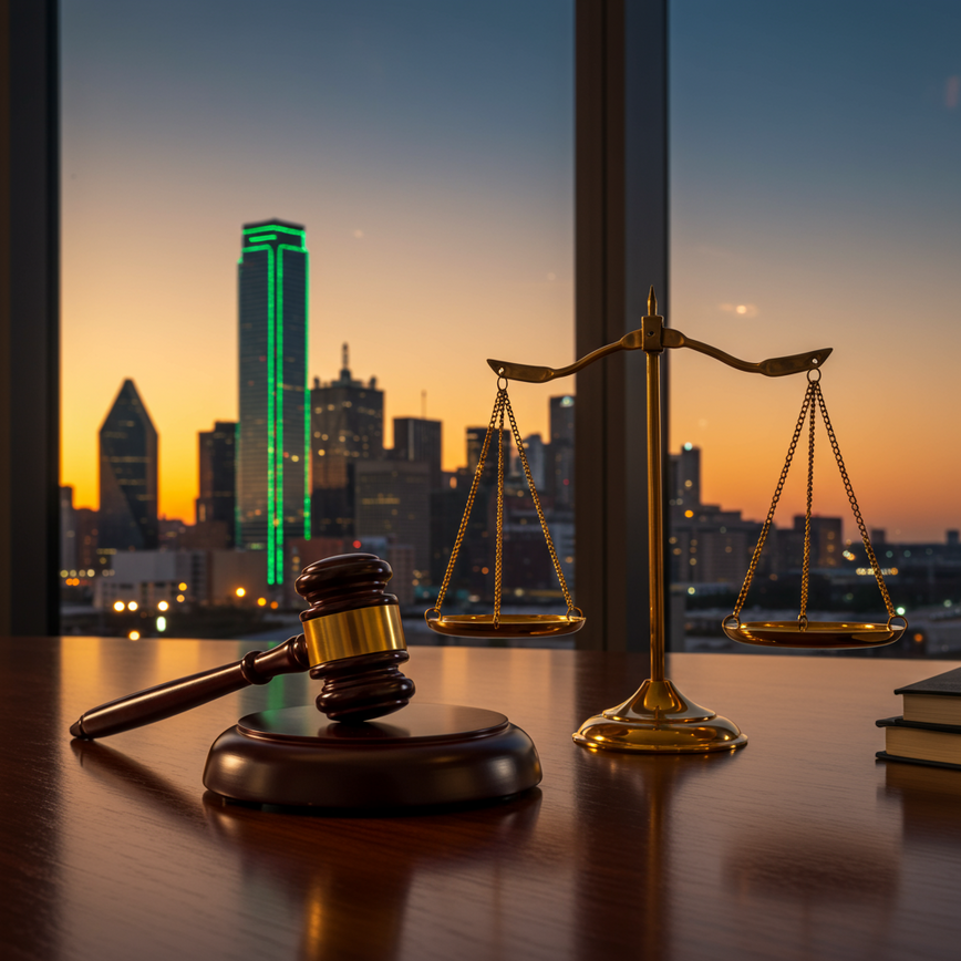 A professional image of a gavel and scales of justice on a desk with the Dallas skyline in the background, representing a Dallas personal injury lawyer.